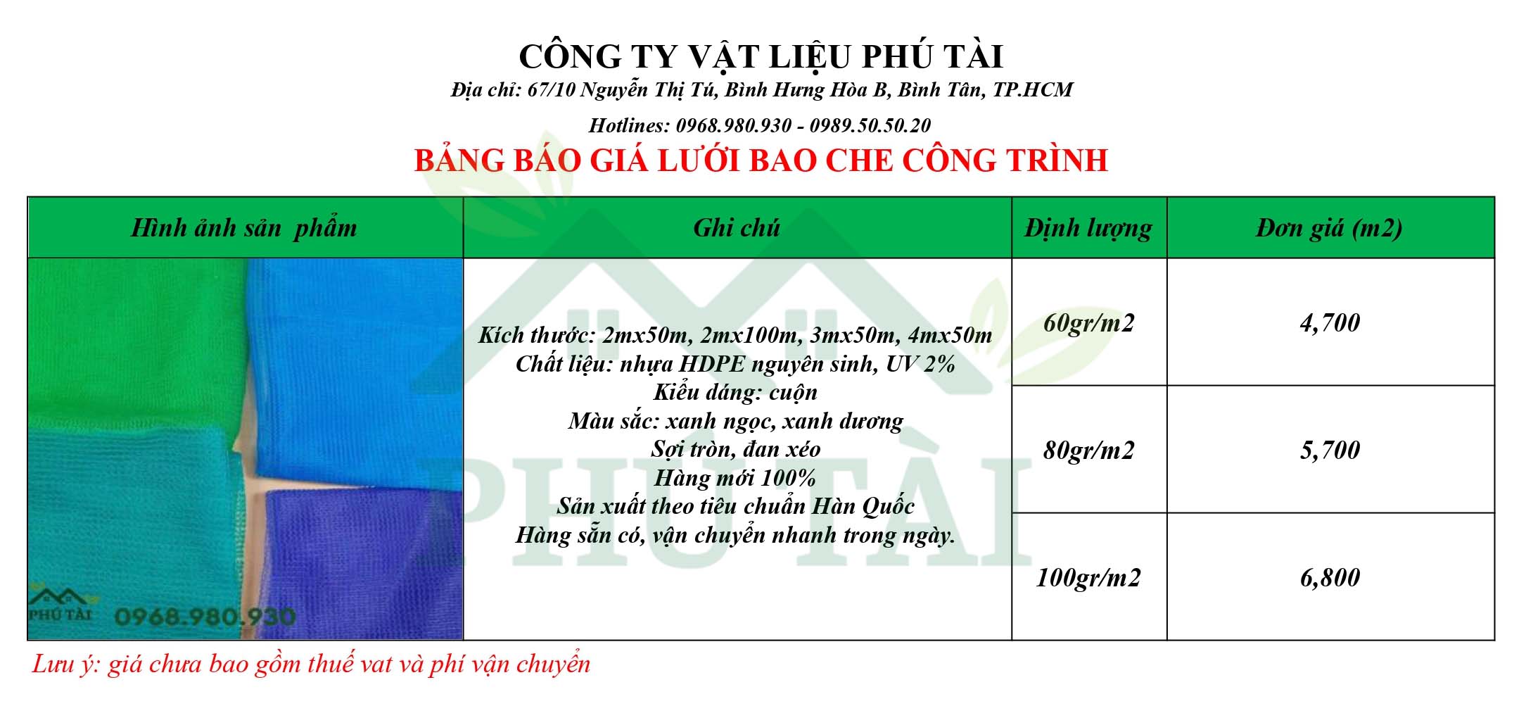 Bảng giá lưới bao che công trình