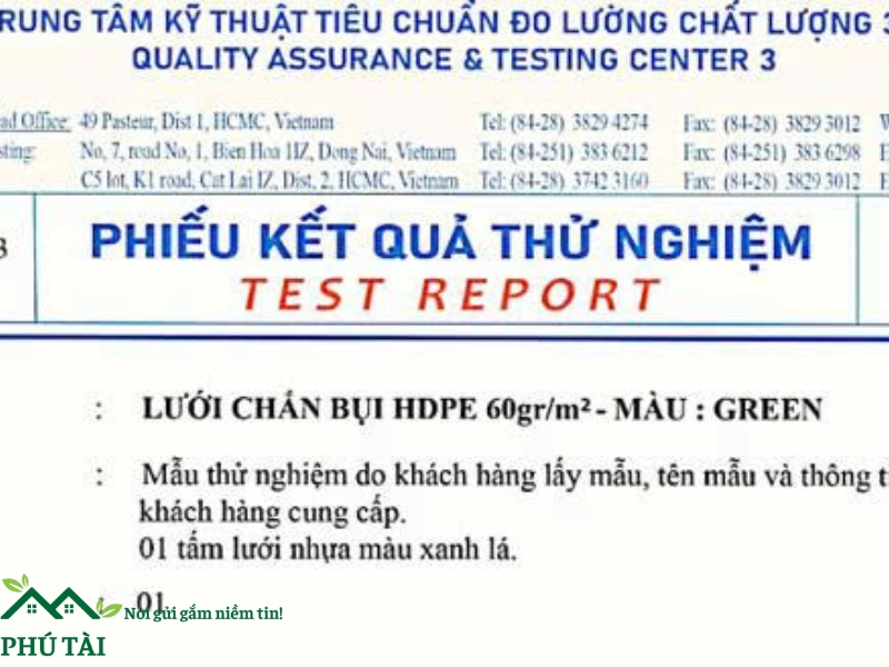 Phiếu kiểm định chất lượng sản phẩm lưới bao che