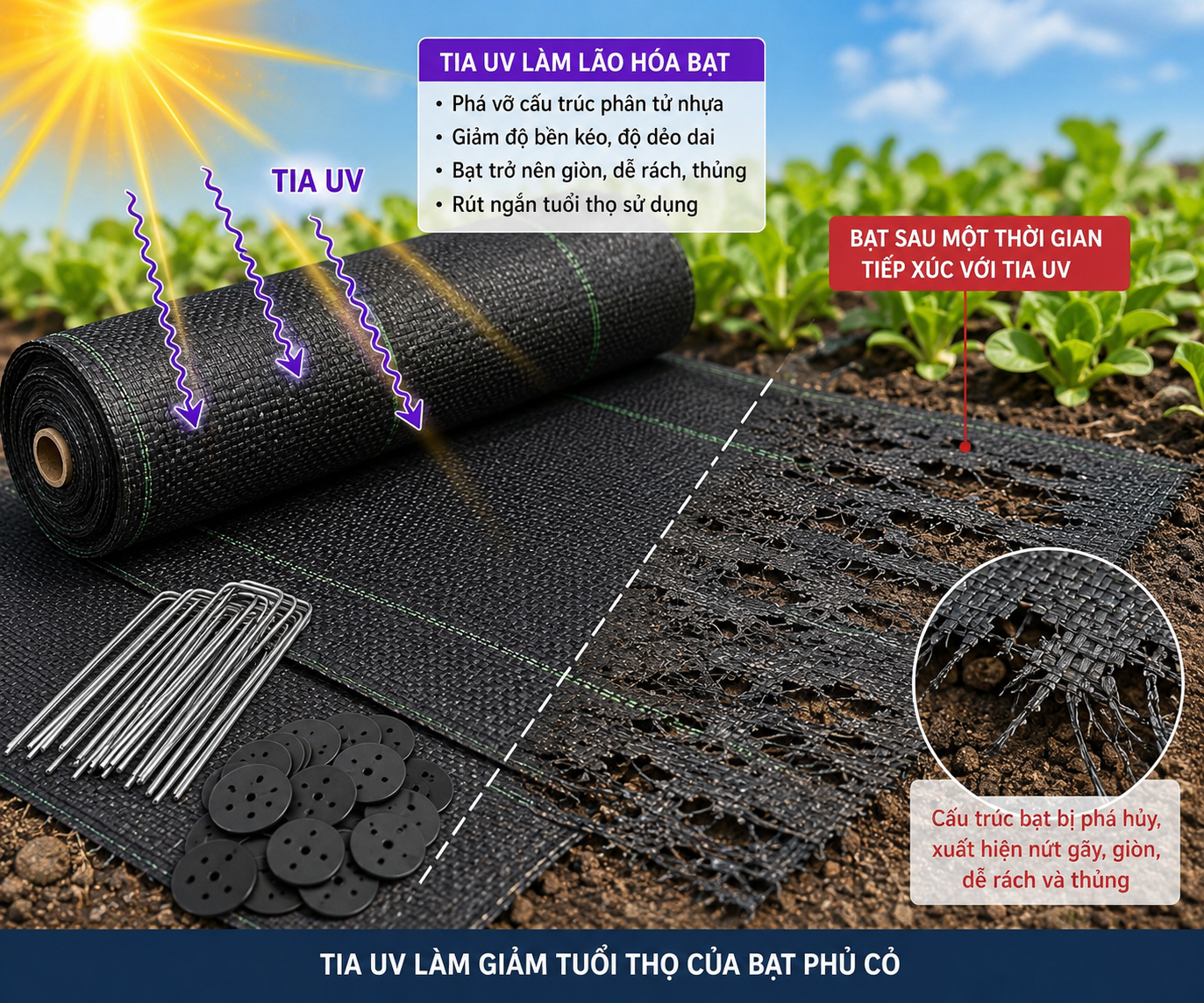 Bạt phủ cỏ dùng được bao lâu? Những yếu tố ảnh hưởng độ bền Tia UV làm giảm tuổi thọ của bạt